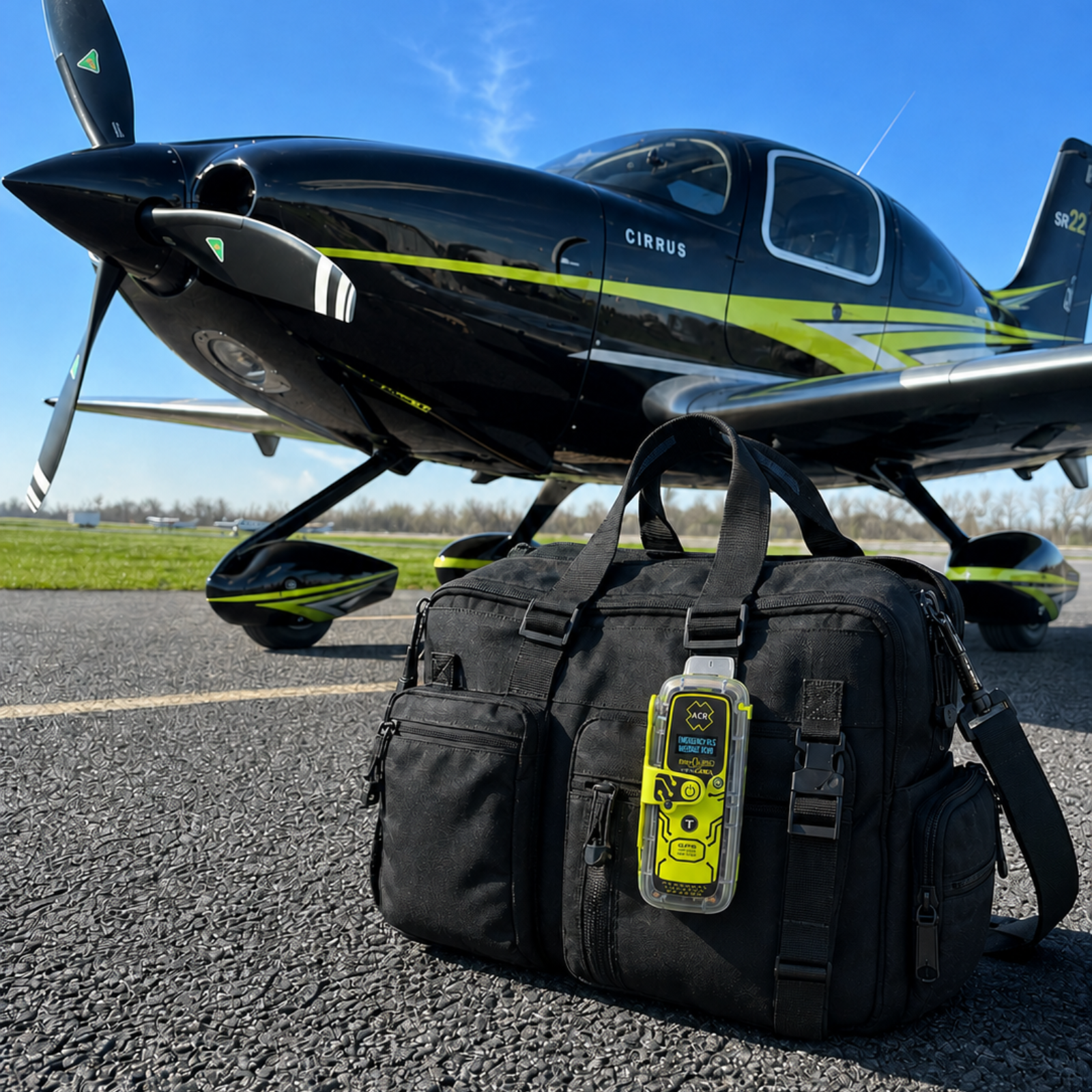 Personal locator beacon ACR ResQLink View RLS fixé au sac de vol d'un pilote à côté d'un avion Cirrus SR22.