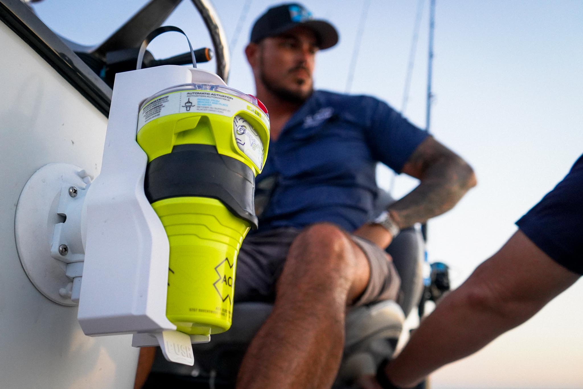 GlobalFix V6 EPIRB in its Category 2 mounting bracket aboard a boat