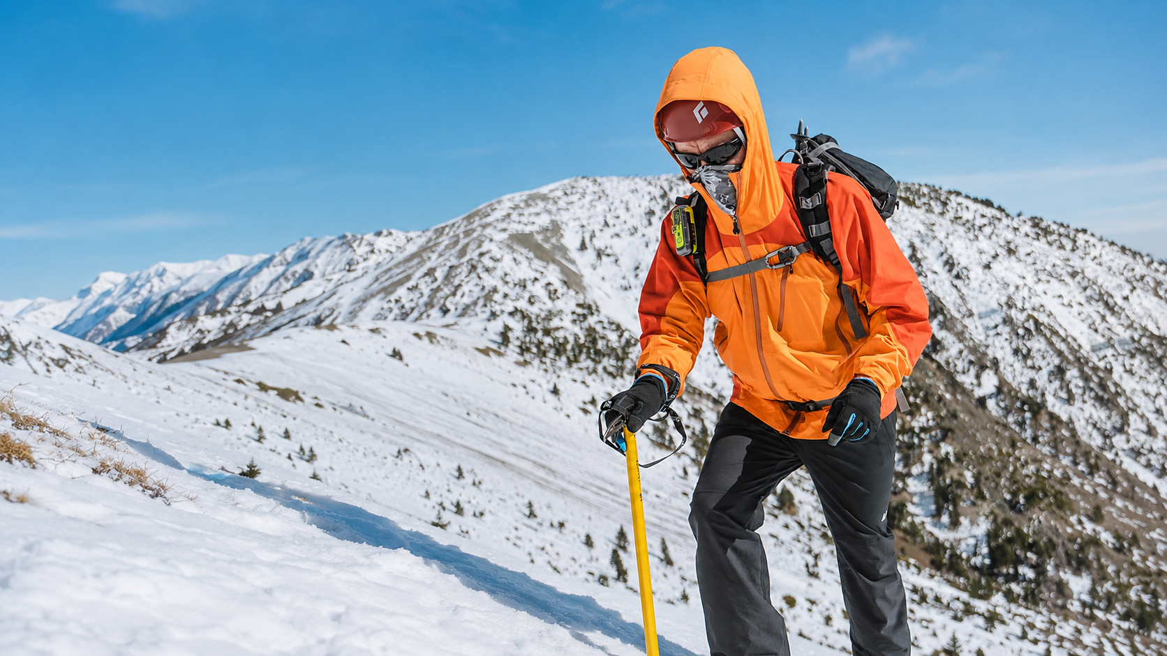 Mountaineer carrying an ACR ResQLink 400 personal locator beacon on a snowy alpine route