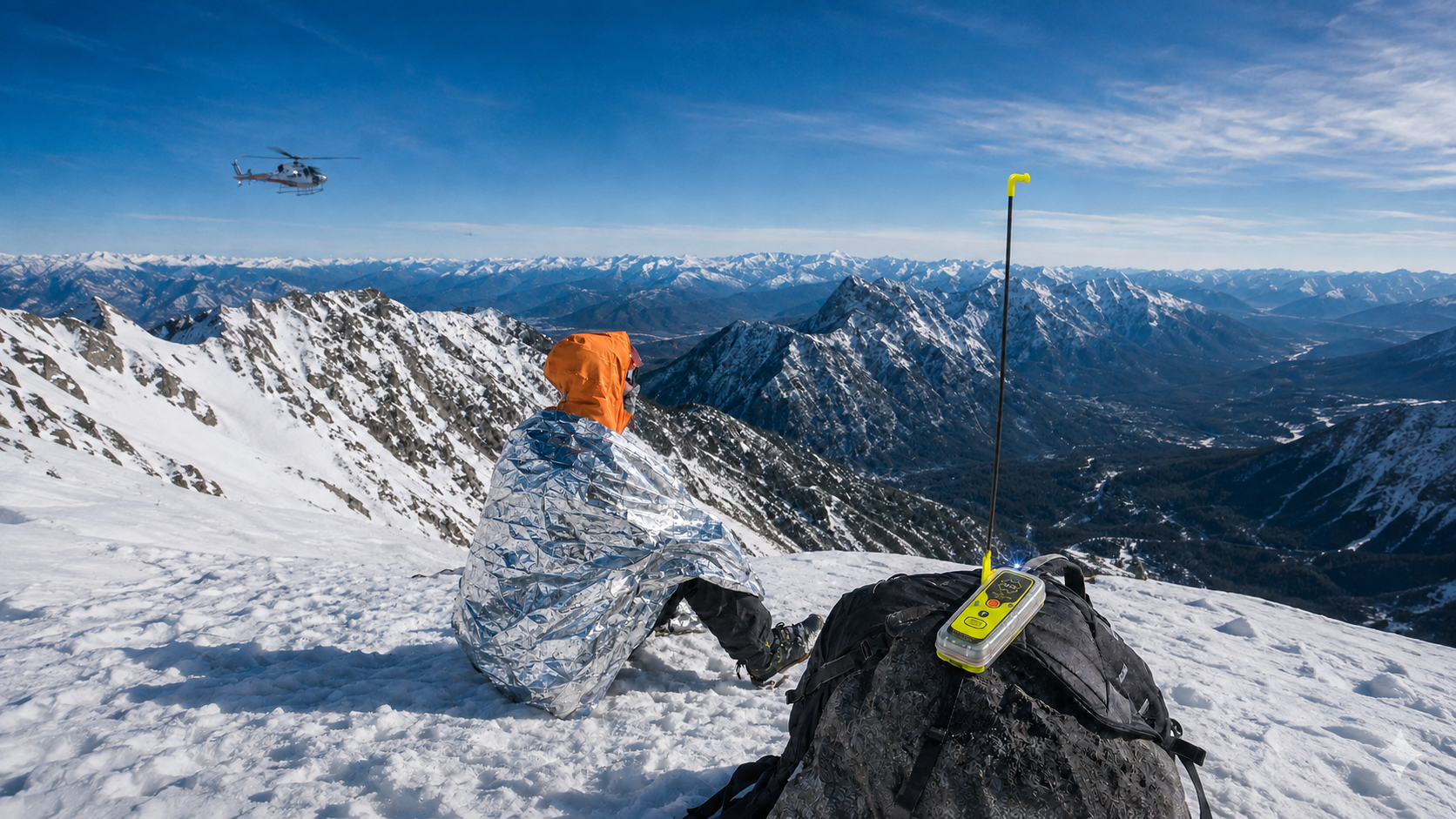 Activated ACR ResQLink 400 Personal Locator Beacon transmitting beside a mountaineer as a rescue helicopter approaches